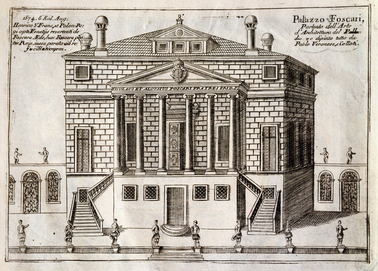 Fachada principal de Villa Foscari conocida como La Malcontenta, Mira, grabado de A lo largo del canal Brenta, casi barrio de la ciudad de Venecia de Andrea Palladio