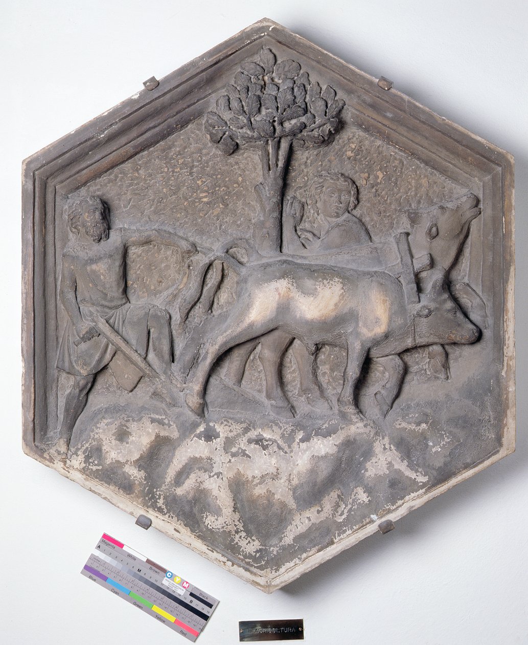 El Arte de la Agricultura, azulejo decorativo hexagonal de una serie que representa a los practicantes de las Artes y las Ciencias, posiblemente basado en diseños de Giotto (c.1266-1337) c.1334-1348 de Andrea Pisano