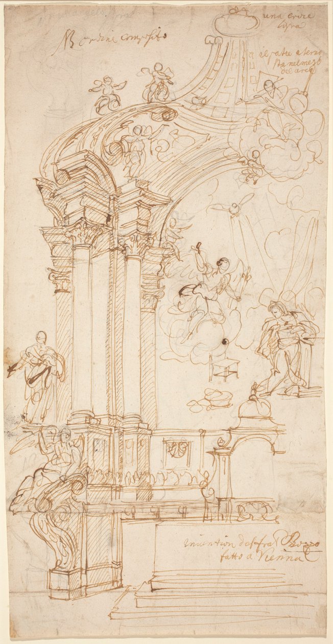 Un baldaquino con un cuadro de la Anunciación, c.1708 o posterior (dibujo a pluma y tinta) de Andrea Pozzo