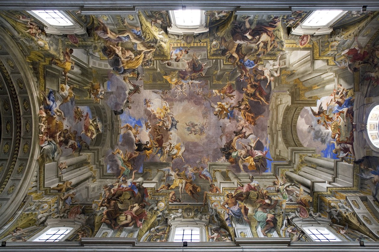 Bóveda de la Iglesia de San Ignacio de Loyola en Roma, fresco en trampantojo representando la apoteosis de Ignacio de Loyola, alegoría de la labor misionera de los jesuitas, realizado en 1685 por Andrea Pozzo (1642-1709), Construcción del siglo XVII, I de Andrea Pozzo