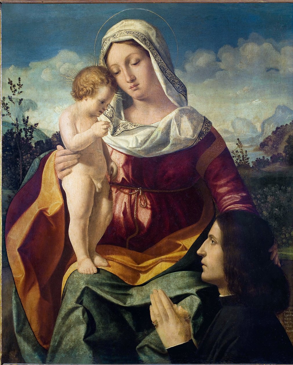 La Virgen y el Niño, con un donante - Pintura de Andrea Previtali (hacia 1480-1528), óleo sobre lienzo de Andrea Previtali