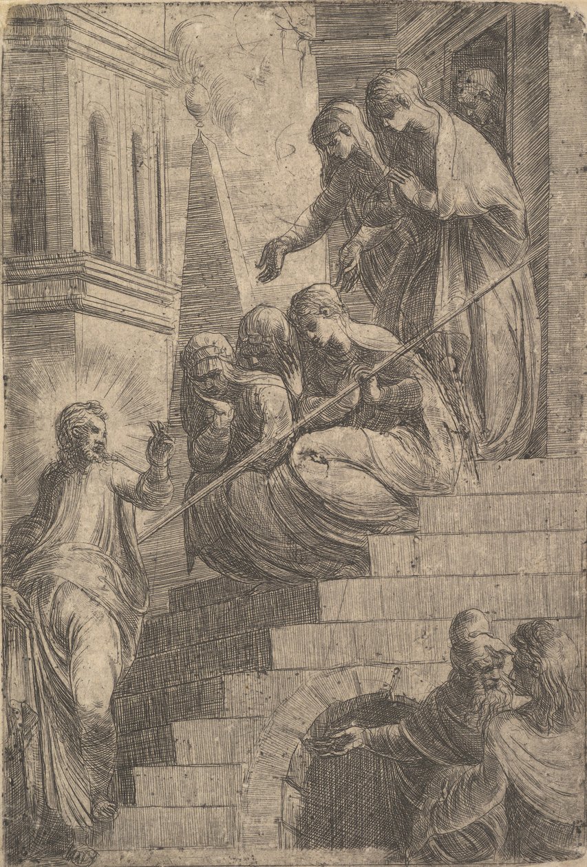 Cristo dirigiéndose a un grupo de mujeres sentadas y de pie en los escalones, ca. 1541-44 de Andrea Schiavone