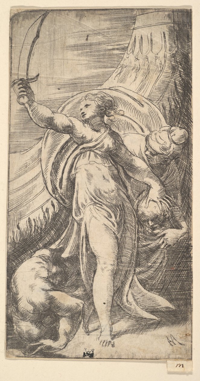 Judith con la espada levantada en su mano derecha, colocando la cabeza de Holofernes en el saco, ca. 1542-45 de Andrea Schiavone