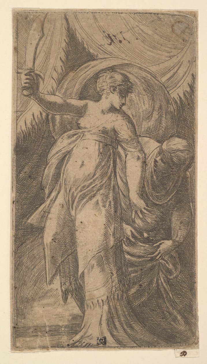 Judith con su espada levantada en su mano derecha y colocando la cabeza de Holofernes i..., ca. 1540-45 de Andrea Schiavone