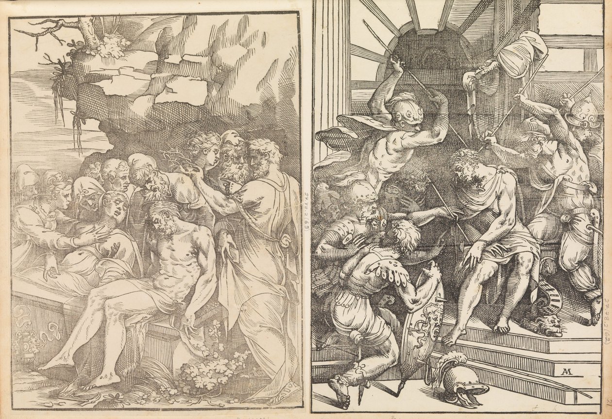 Lamentación sobre el Cristo muerto, Cristo es atacado por soldados, ca. 1556-57 de Andrea Schiavone