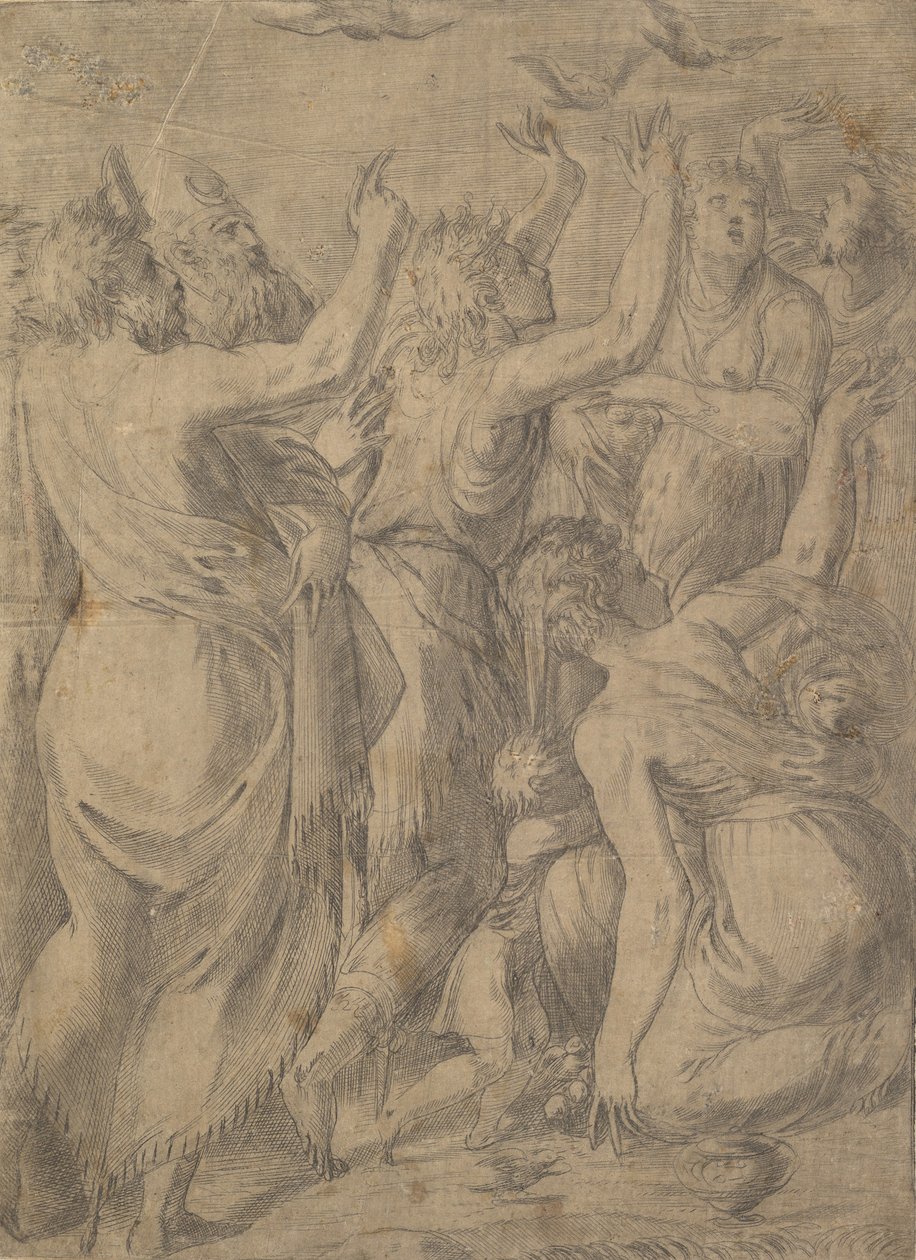 Moisés mostrando las codornices a los israelitas el milagro de las codornices y el maná, ca. 1545 de Andrea Schiavone