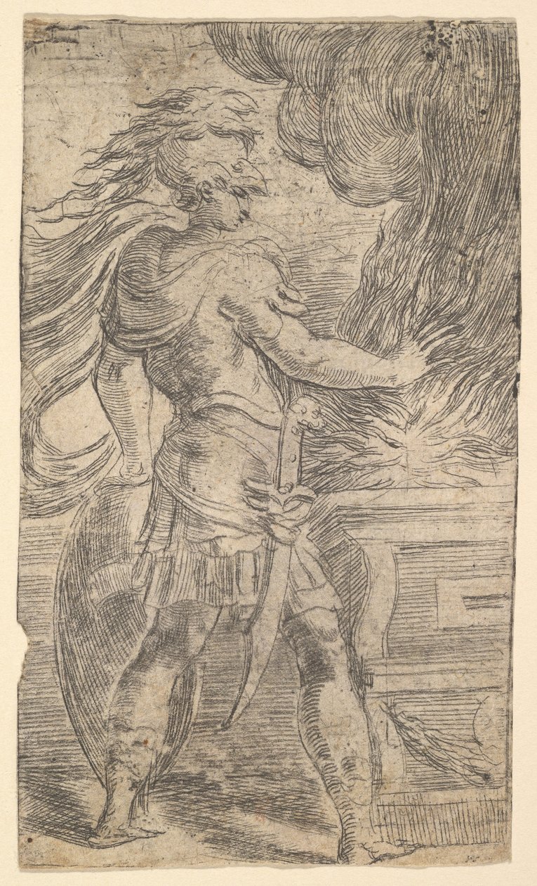 Mucio Escévola colocando su mano en las llamas (detalle) de Andrea Schiavone