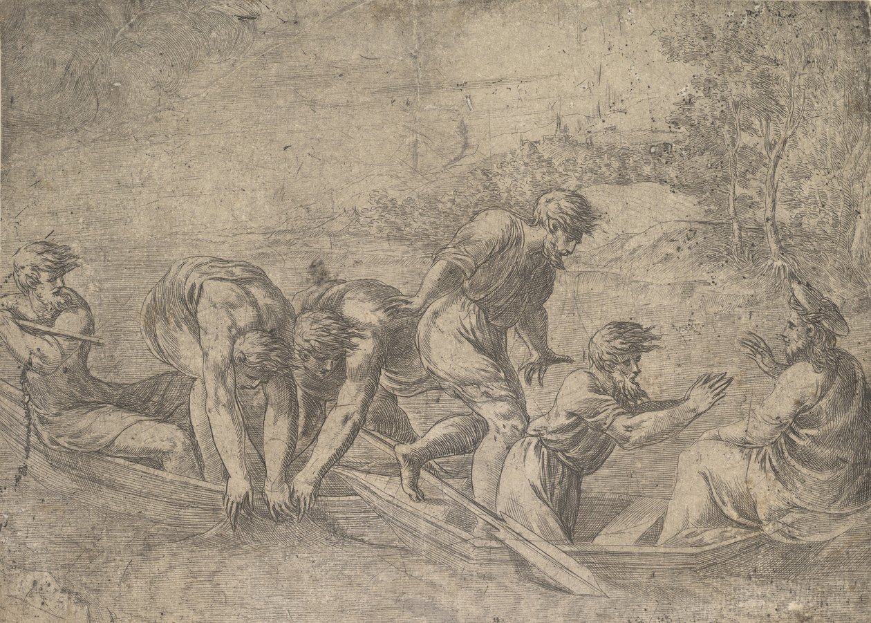 La pesca milagrosa, Cristo a la derecha acompañado por apóstoles, ca. 1548-52 de Andrea Schiavone
