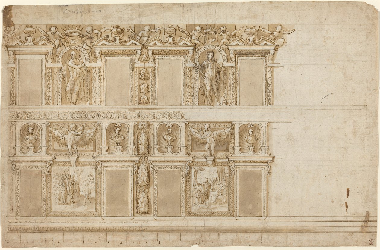 Un Muro Palaciego Ornamentado con Esculturas y Pinturas de Andrea Semino
