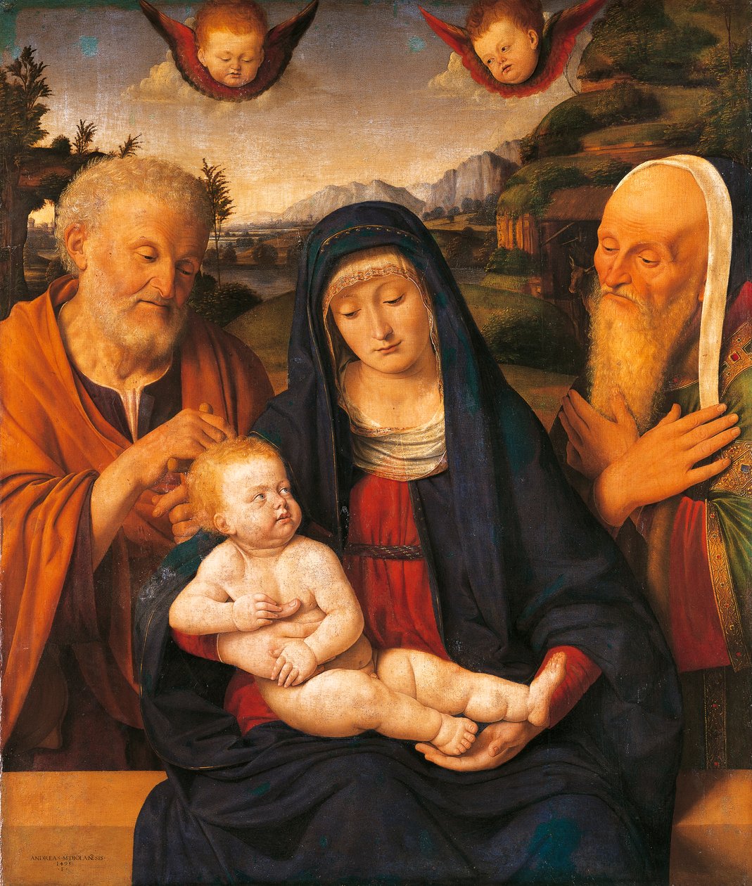 Virgen con el Niño y los Santos José y Simeón de Andrea Solario (1470-1524), temple y óleo sobre tabla, transferido a lienzo de Andrea Solario