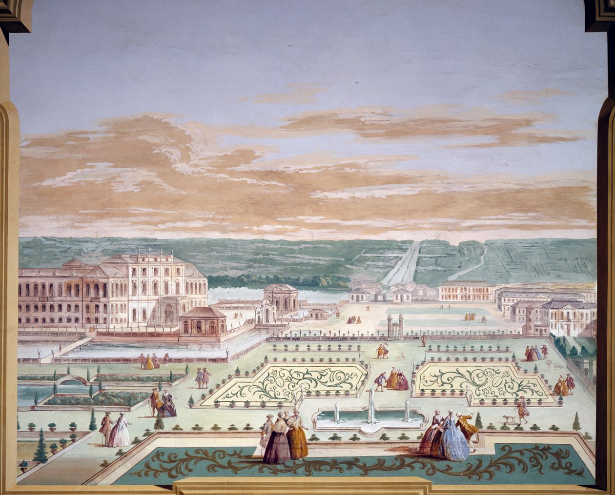 Dibujo de perspectiva de una villa y jardín imaginario, fresco de Andrea Urbani en Villa Pisani, Stra, Veneto. Italia de Andrea Urbani