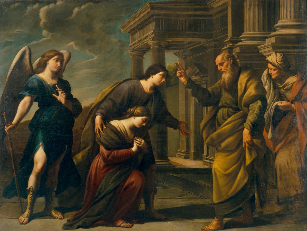 Raguel bendice a su hija Sarah antes de partir hacia Ecbatane con Tobias (la bendición de Raguel de su hija Sarah antes de dejar Ecbatana con Tobias) - Pintura de Andrea Vaccaro (1604-1670), óleo sobre lienzo (200,3x262 cm), alrededor de 1640, arte italian de Andrea Vaccaro