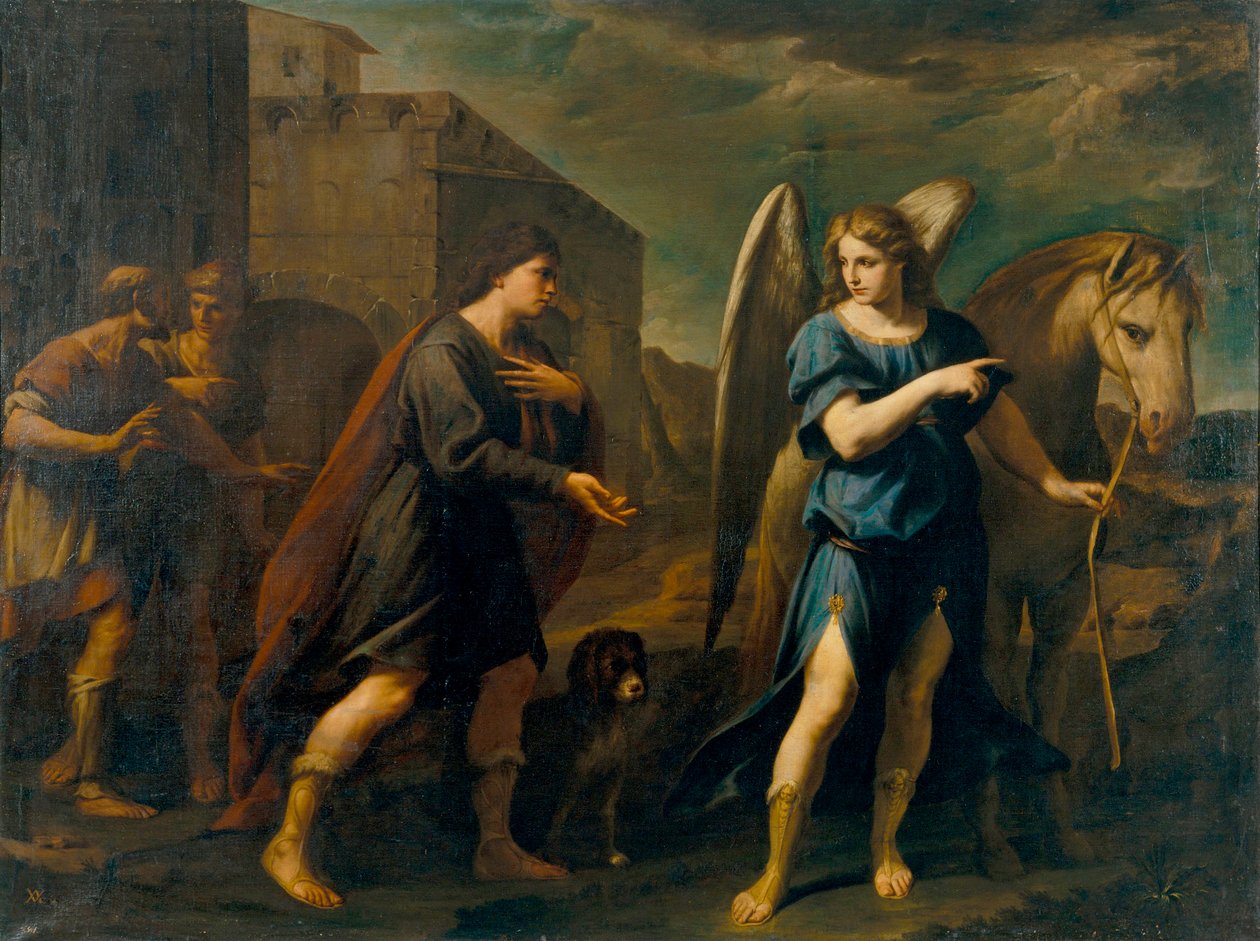 Tobias conoce al arcángel Rafael (Tobias conoce al arcángel Rafael) - Pintura de Andrea Vaccaro (1604-1670), óleo sobre lienzo (198,5x262 cm), hacia 1640, arte italiano del siglo XVII, arte barroco - Museu Nacional d