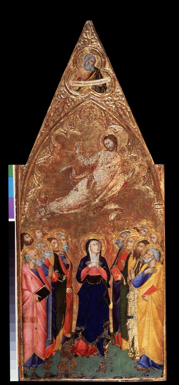 ""La Ascensión de Cristo"" Abajo, La Virgen María y los apóstoles observando a Jesucristo. Arriba, representación del profeta Jeremías. Témpera sobre madera de Andrea Vanni (1332-1414) 1355-1360 Dim. 68x28 cm Museo del Hermitage, San Petersburgo (Saint-Pet de Andrea Vanni