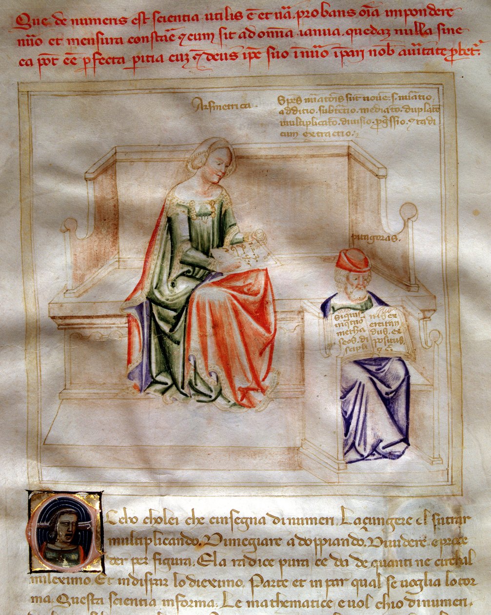 Alegoría de la Aritmética en “Chansonne des sept Vertus et des sept Arts liberales destinee a Bruzio Visconti” (La Canzone delle Virtu e delle Scienze) de Bartolomeo di Bartoli. Acuarela de Andrea di Bartoli (activo entre 1358 y 1368) de Andrea de Bartoli