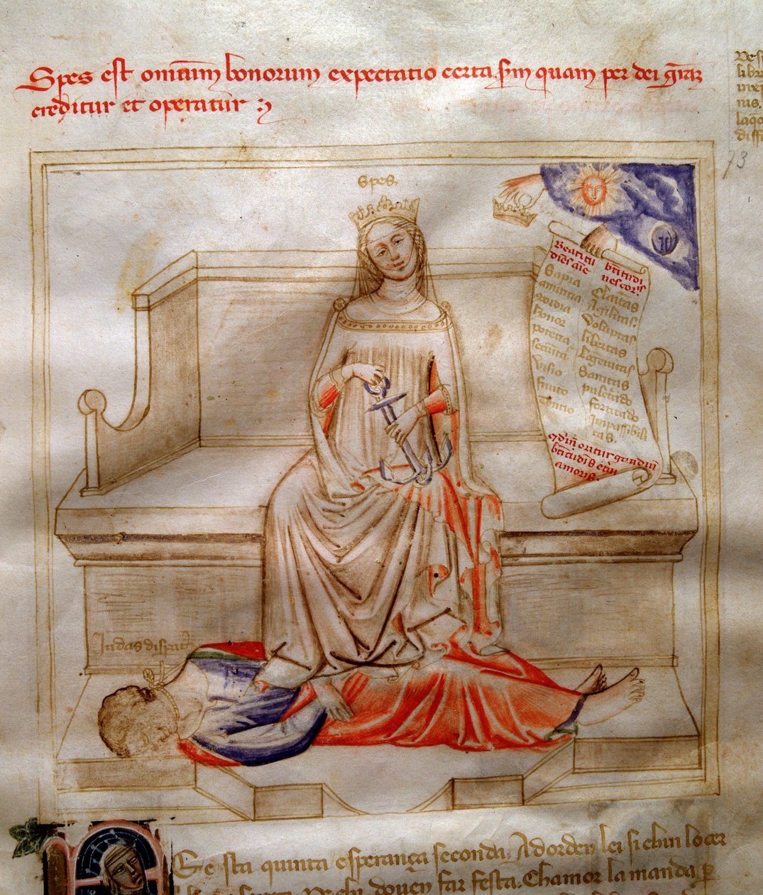 Alegoría de la Fe en “Chansonne des sept virtues et des sept arts liberaux destinee a Bruzio Visconti” (La Canzone delle Virtu e delle Scienze) de Bartolomeo di Bartoli. Acuarela de Andrea di Bartoli (activo entre 1358 y 1368) de Andrea de Bartoli