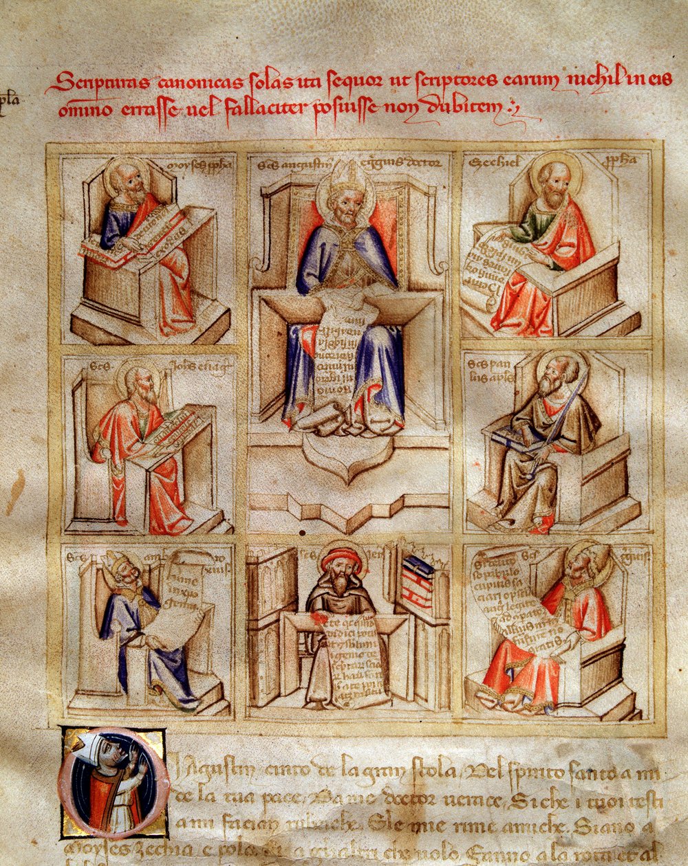 Representación de los doctores de la iglesia: San Juan, San Ambrosio de Milán, San Jerónimo, San Gregorio el Grande y San Pablo en 