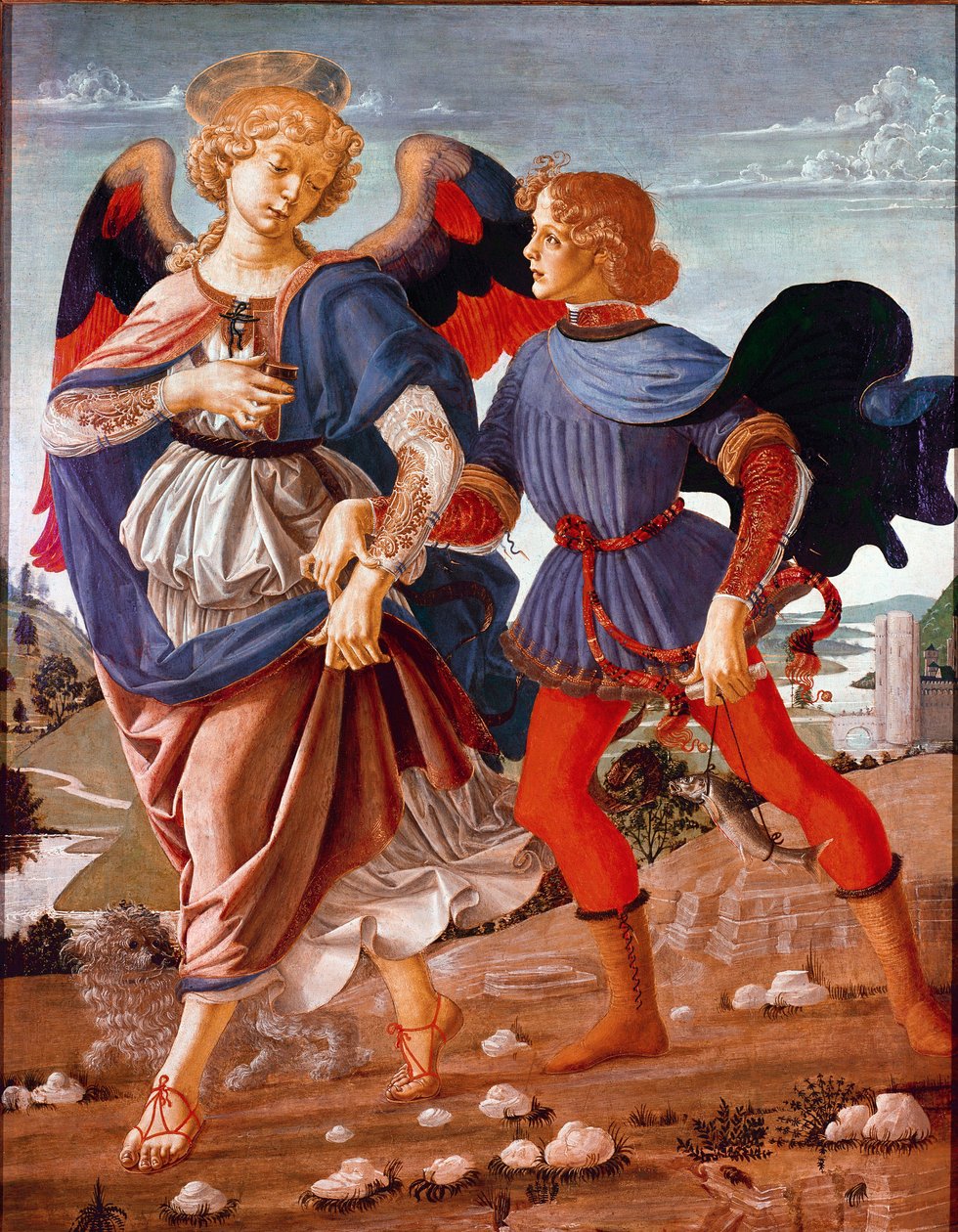 Tobías y el ángel. Tobías, encargado por su padre ciego de encontrar el hígado del pez, es acompañado por el arcángel Rafael. Pintura de la Escuela de Andrea del Verrocchio (1470-1480). Galería Nacional, Londres de Andrea del (school of) Verrocchio
