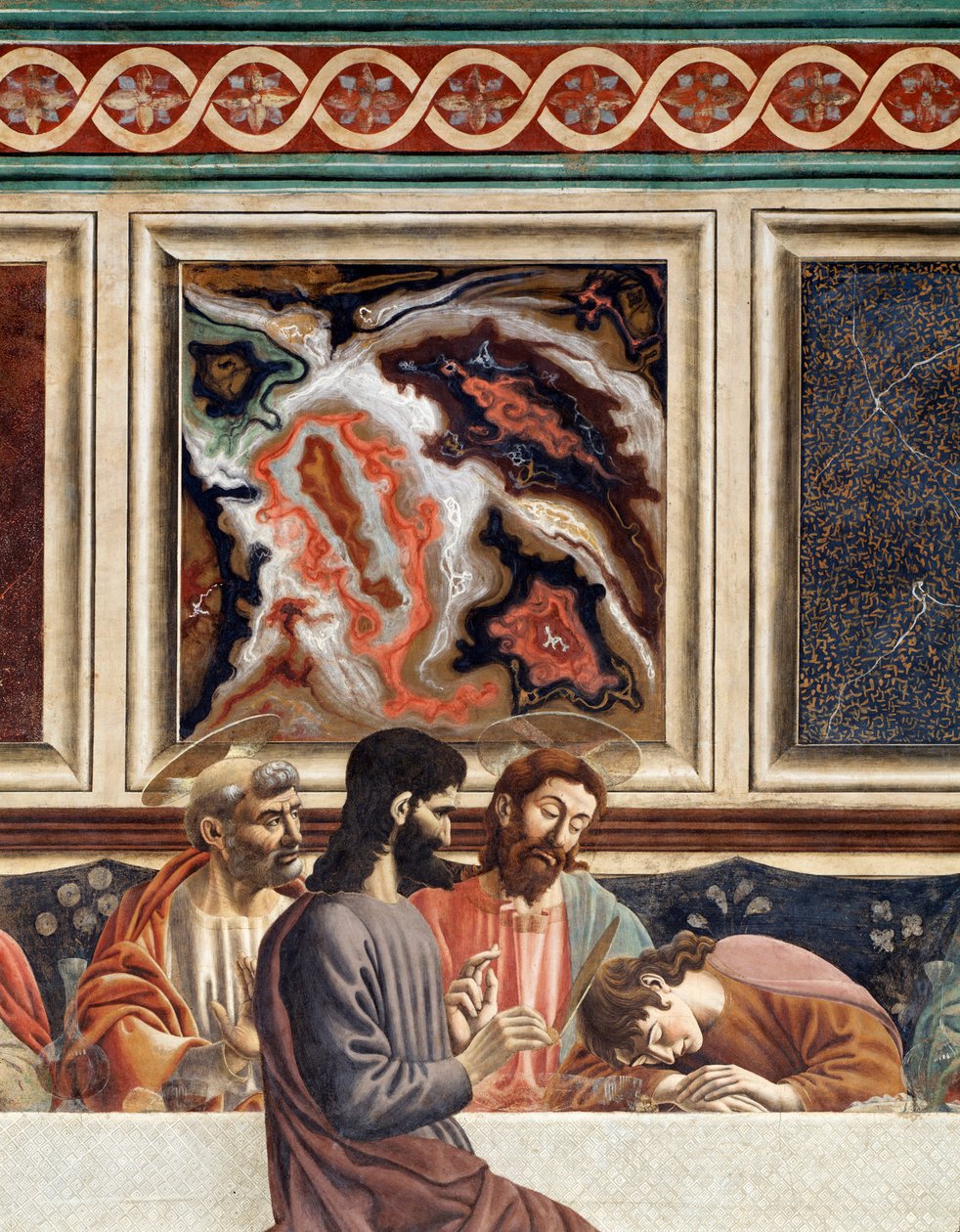 Última cena, detalle (Pedro, Jesús y Juan dormidos, con Judas) de Andrea del Castagno