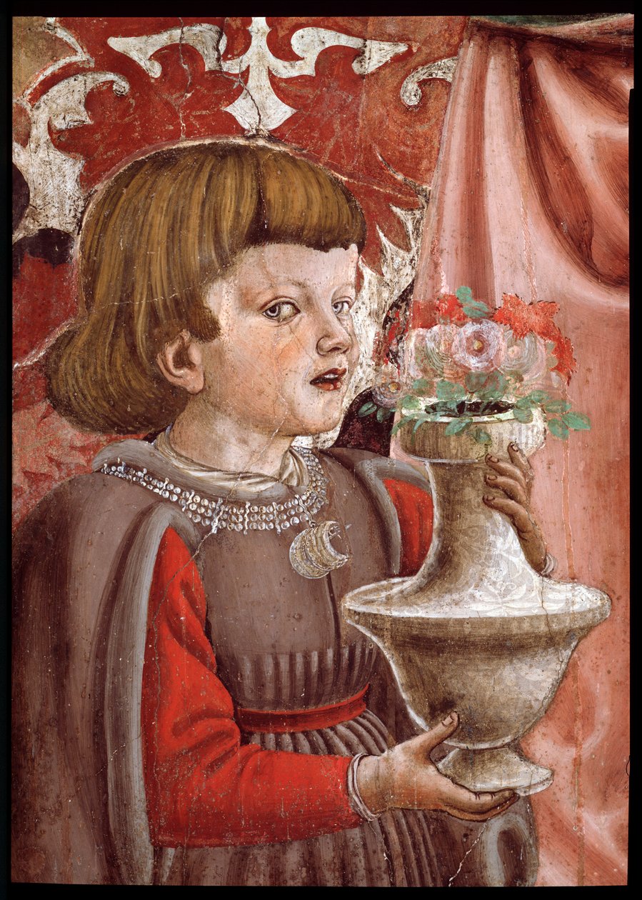 Virgen y Niño con dos ángeles, San Juan Bautista y otro santo, y dos hijos de la familia Pazzi (detalle) de Andrea del Castagno