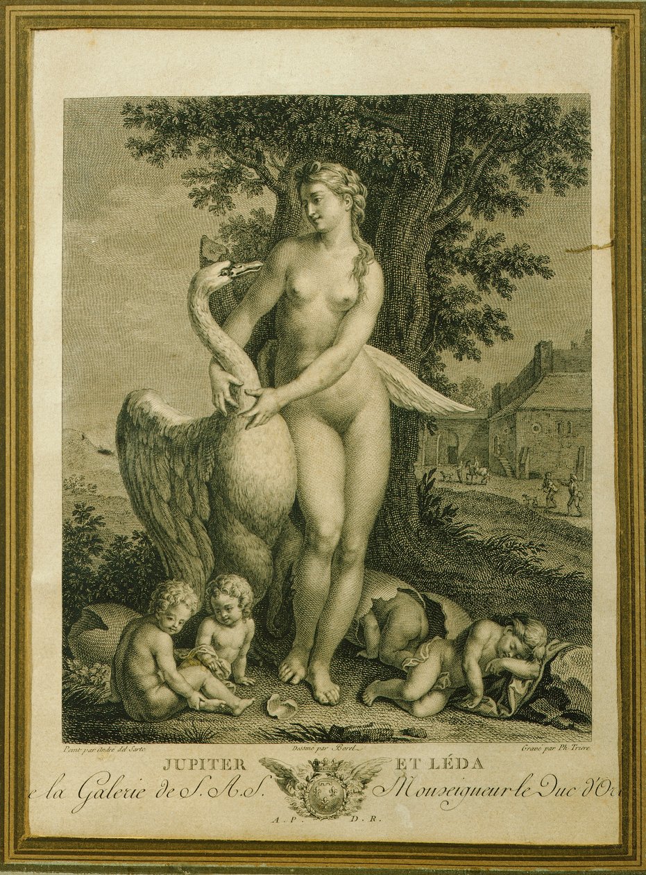 Leda y el cisne, grabado por Philippe Triere, de un dibujo de Andrea Del Sarto de Andrea del Sarto
