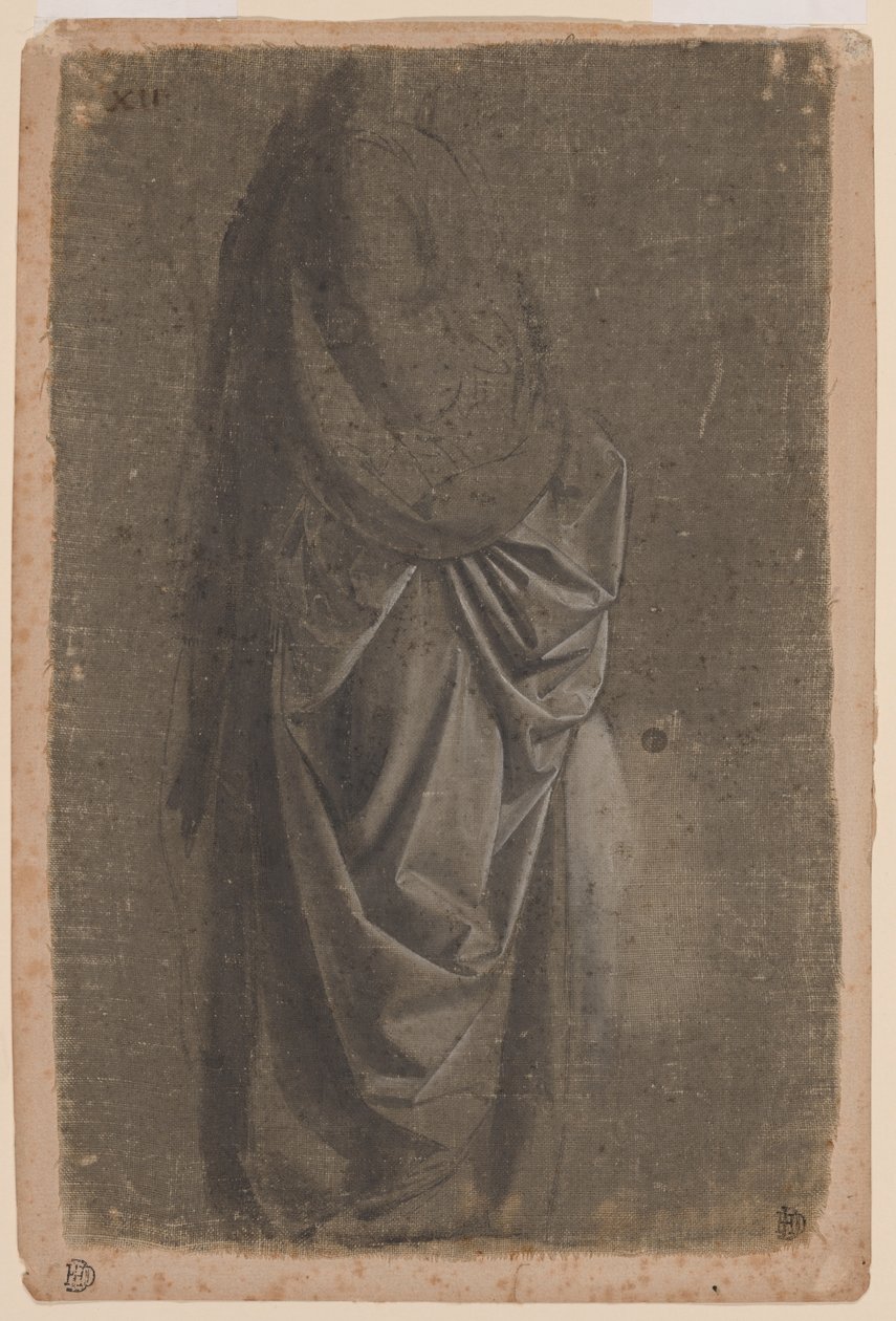 Estudio de drapeado de una figura de pie mirando a la derecha, de perfil de Andrea del Verrocchio