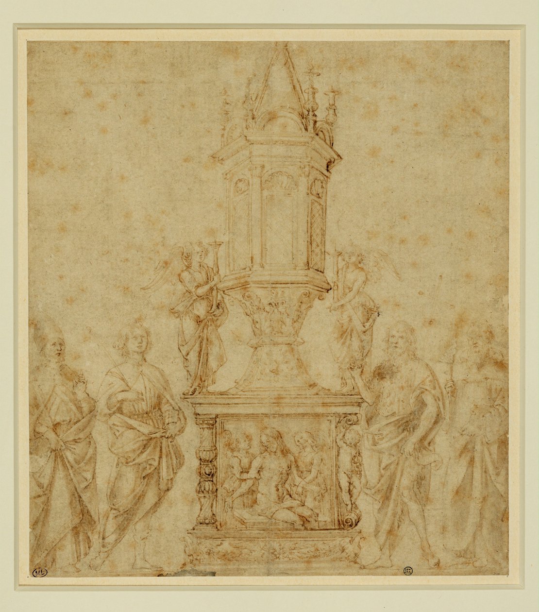 Escuela de Verrocchio. Relicario entre un santo ... de Andrea del Verrocchio