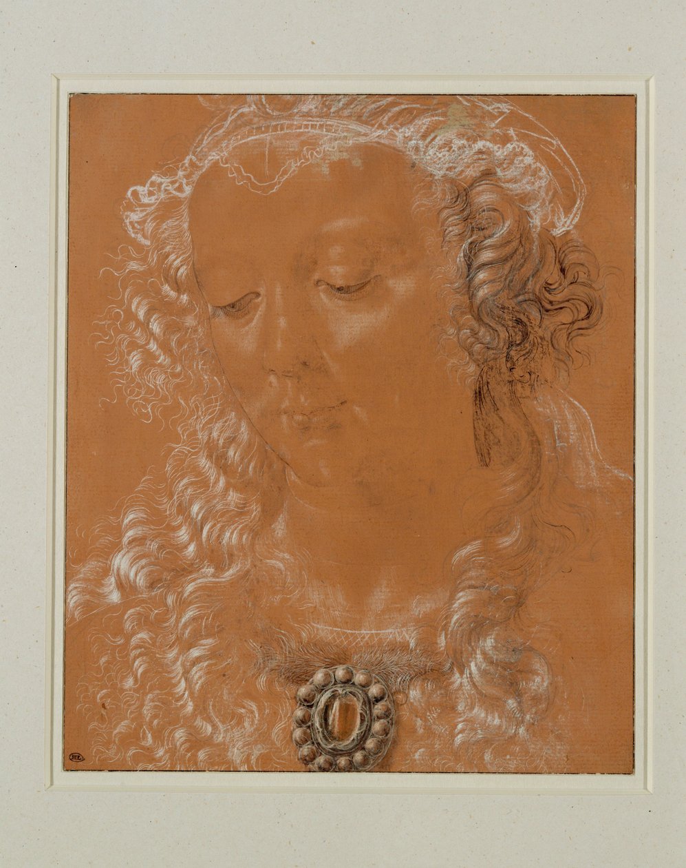 Cabeza de mujer, ojos bajos, ligeramente girada hacia la izquierda ... de Andrea del Verrocchio
