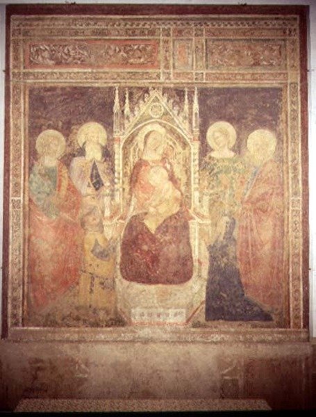 Madonna y el Niño con San Elías, San Juan Bautista, San Nicolás y San Leonardo de Andrea di Bonaiuto (fl.1343 77)