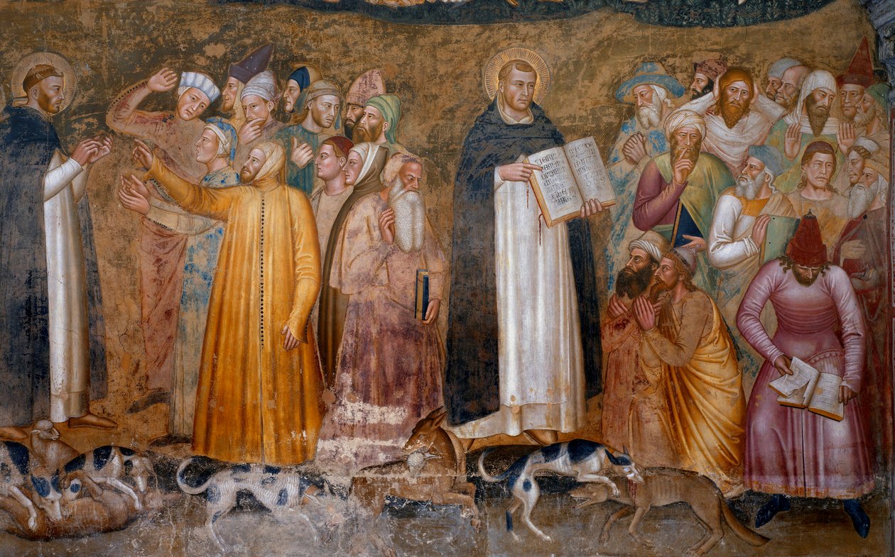 Triunfo de la iglesia militante: Tomás de Aquino ante los herejes y en la parte inferior derecha, Fra Dolcino rasgando la doctrina oficial de la Iglesia. Capilla de los Españoles (detalle) de Andrea di Bonaiuto (fl.1343 77)