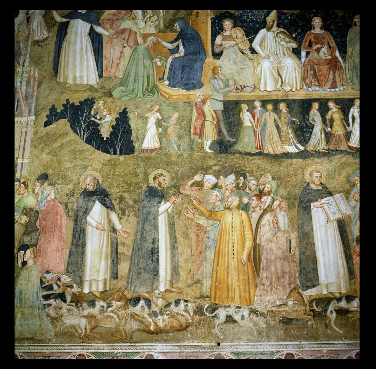 San Domingo enviando a los perros del Señor, con San Pedro Mártir y Santo Tomás de Aquino, c.1369 de Andrea di Bonaiuto