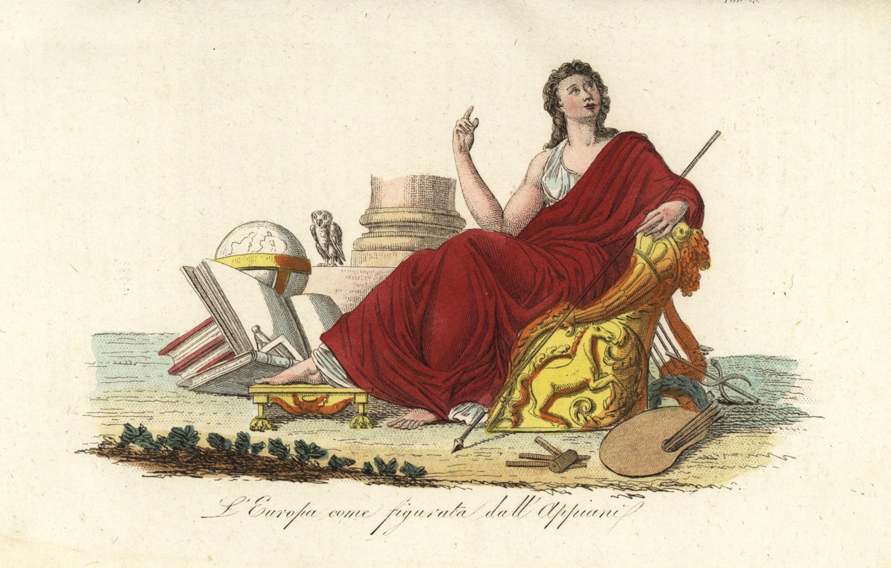 Figura alegórica de Europa sentada en un trono con una túnica púrpura con libros, globo, paleta, cetro, lira y búho de Andrea the Elder (after) Appiani