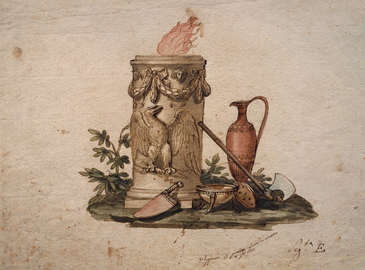 Brasero en forma de columna, decorado con festones y águila, con armas cortantes, copa y ánfora de Andrea the Elder Appiani