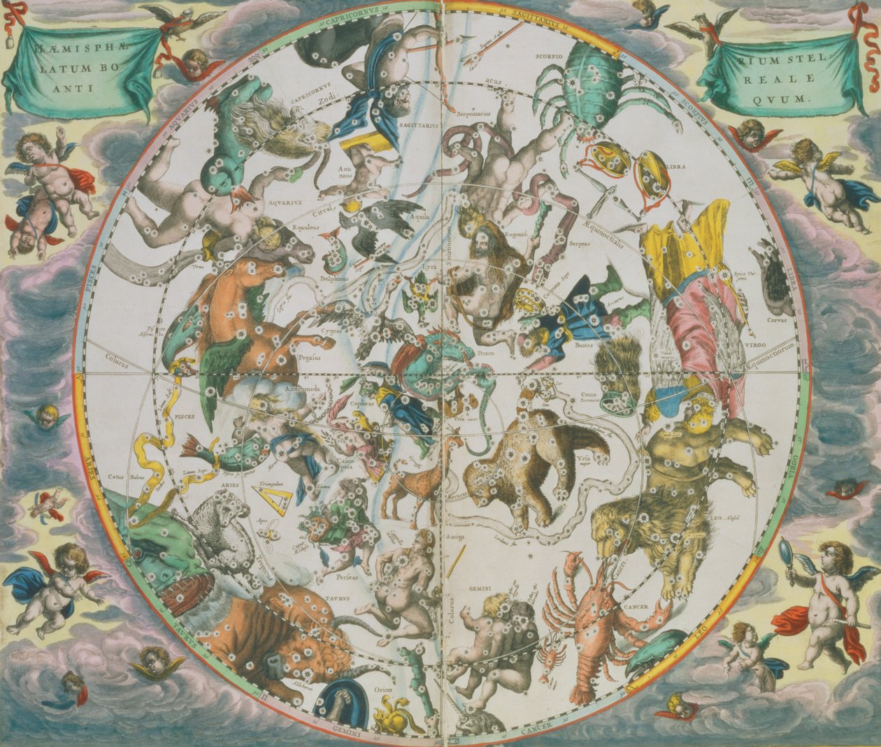 Planisferio celeste mostrando los signos del zodiaco, de 