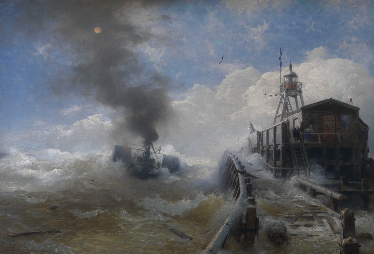 Un remolcador que sale del puerto de Ostende con la marea alta de Andreas Achenbach