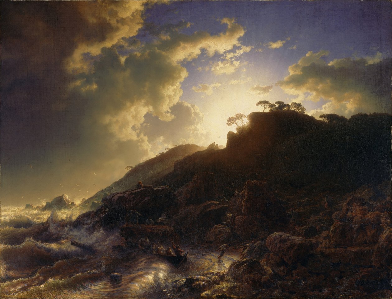 Francés: Coucher de soleil après une tempête sur la côte de la Sicile Puesta de sol tras una tormenta en la costa de Sicilia de Andreas Achenbach