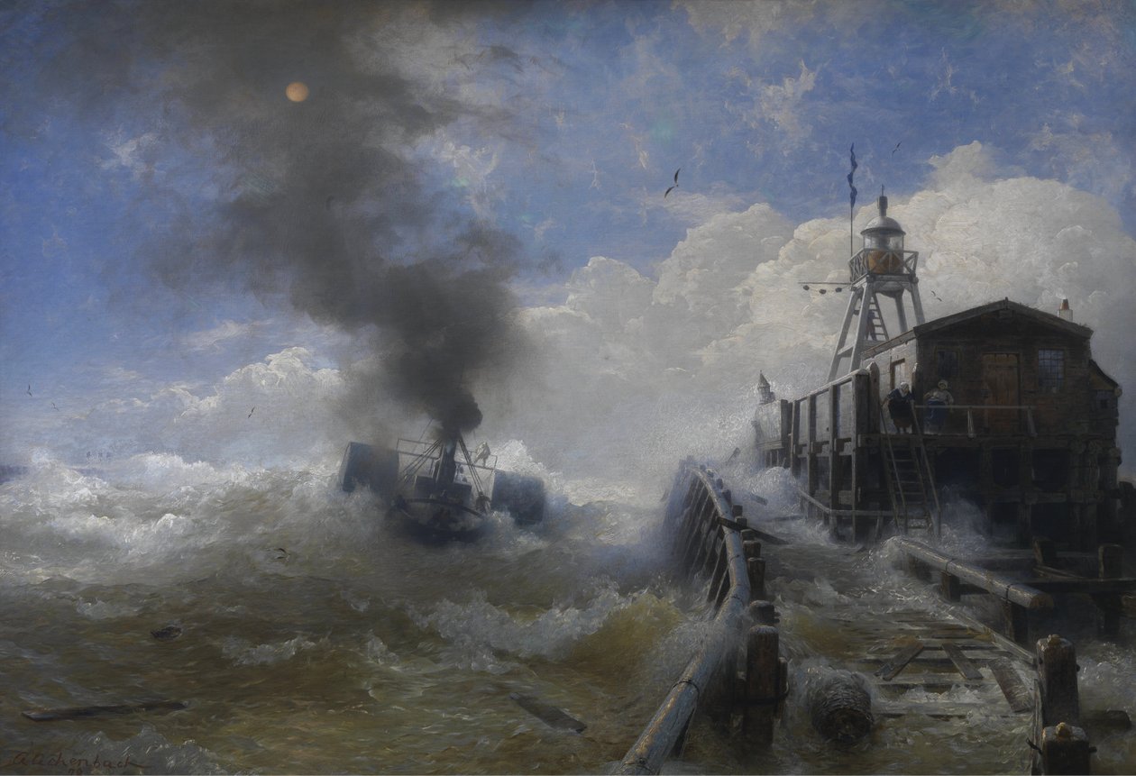 Alemán: Ein Schlepper verlässt den Hafen von Ostende bei Flut Remolcador abandonando el puerto de Ostende en su apogeo de Andreas Achenbach