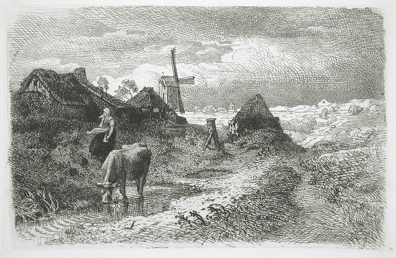 Paisaje con cabañas y molino de viento de Andreas Achenbach