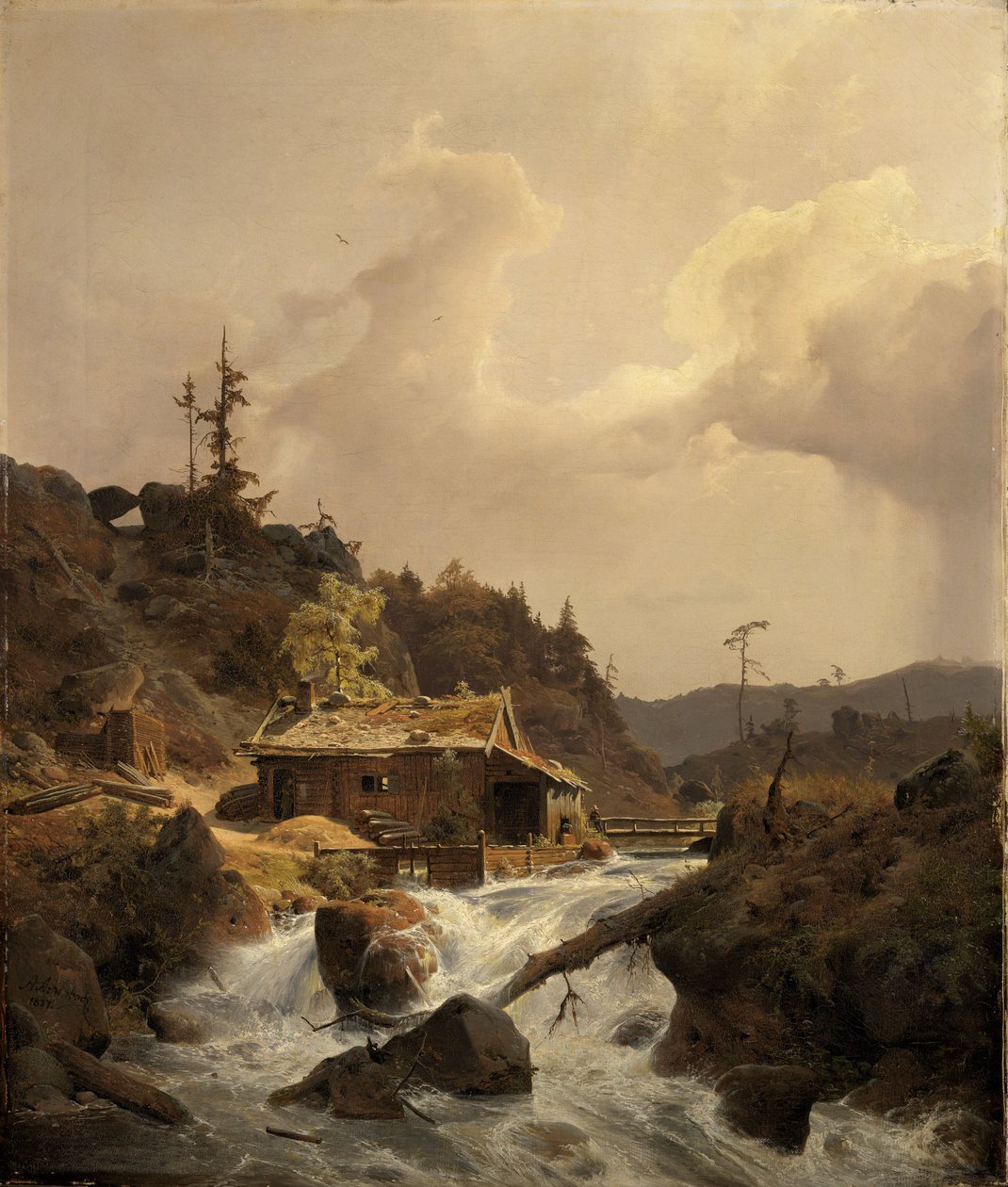 Paisaje noruego con aserradero de Andreas Achenbach