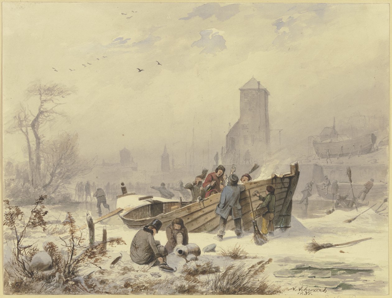 Marineros junto a un barco congelado de Andreas Achenbach