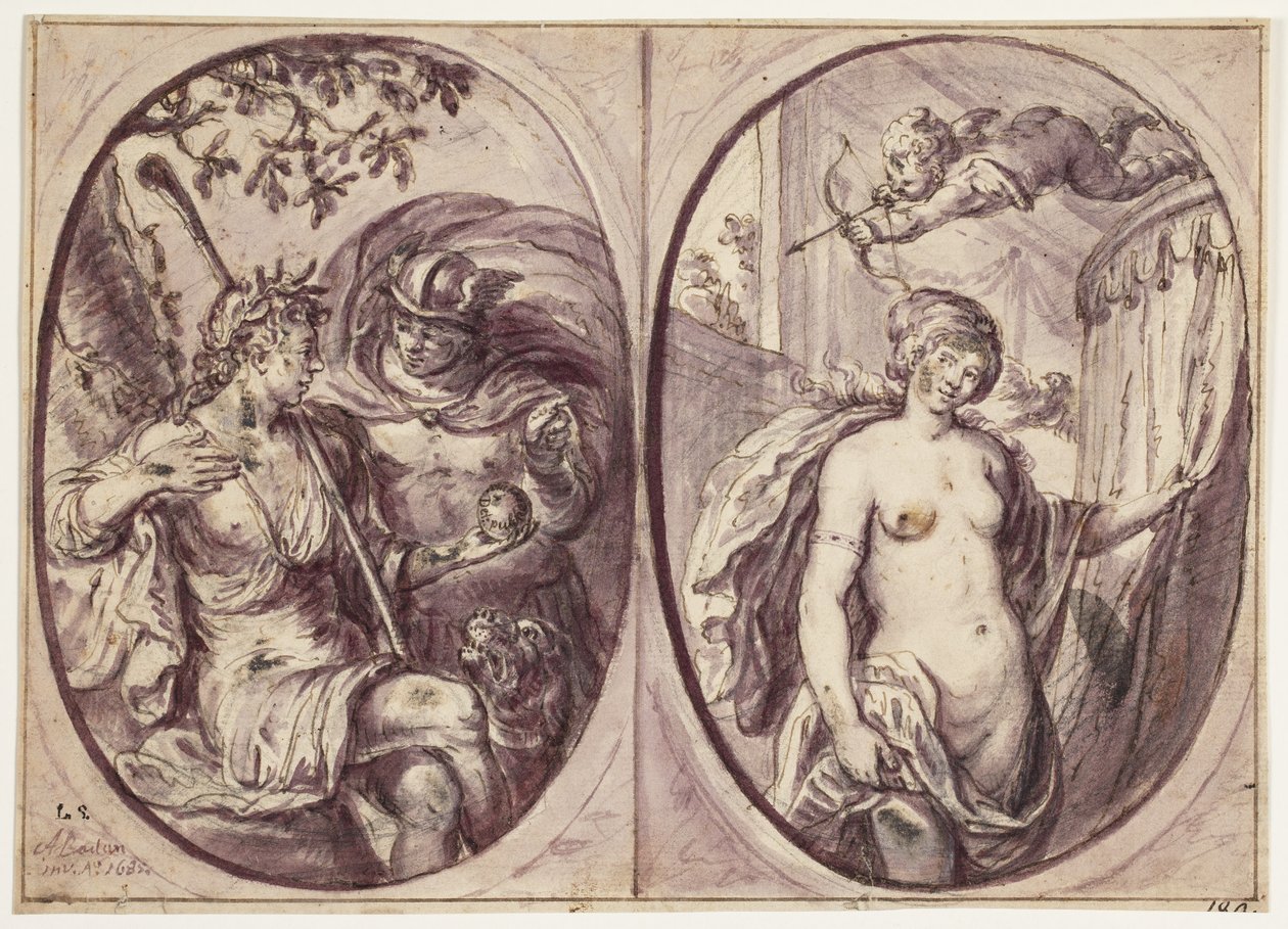 Dos composiciones ovales en una hoja. A la izquierda, una pastora (¿Diana?) sentada con un bastón y un perro a su lado. Ella sostiene una manzana que Mercurio, con capa, parece haberle traído; en esta dice: "Det: pulcherrima". En el óvalo a la derecha, una de Andreas Bodan II