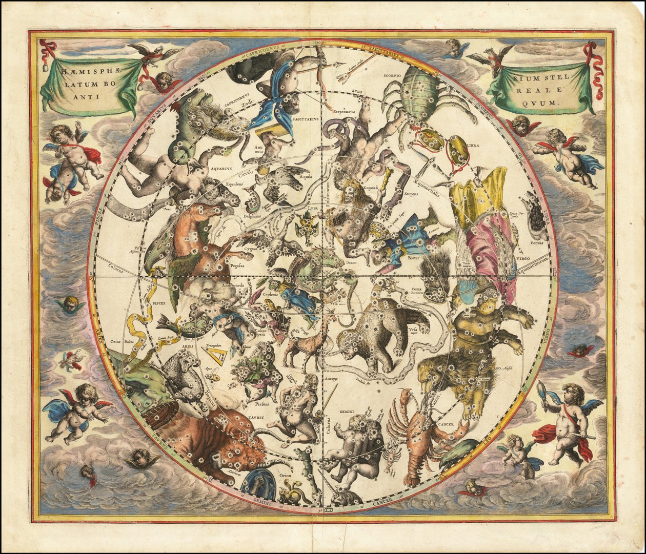 Mapa celeste de 1660 que ilustra las constelaciones del hemisferio norte superpuestas sobre el hemisferio sur de la Tierra. de Andreas Cellarius