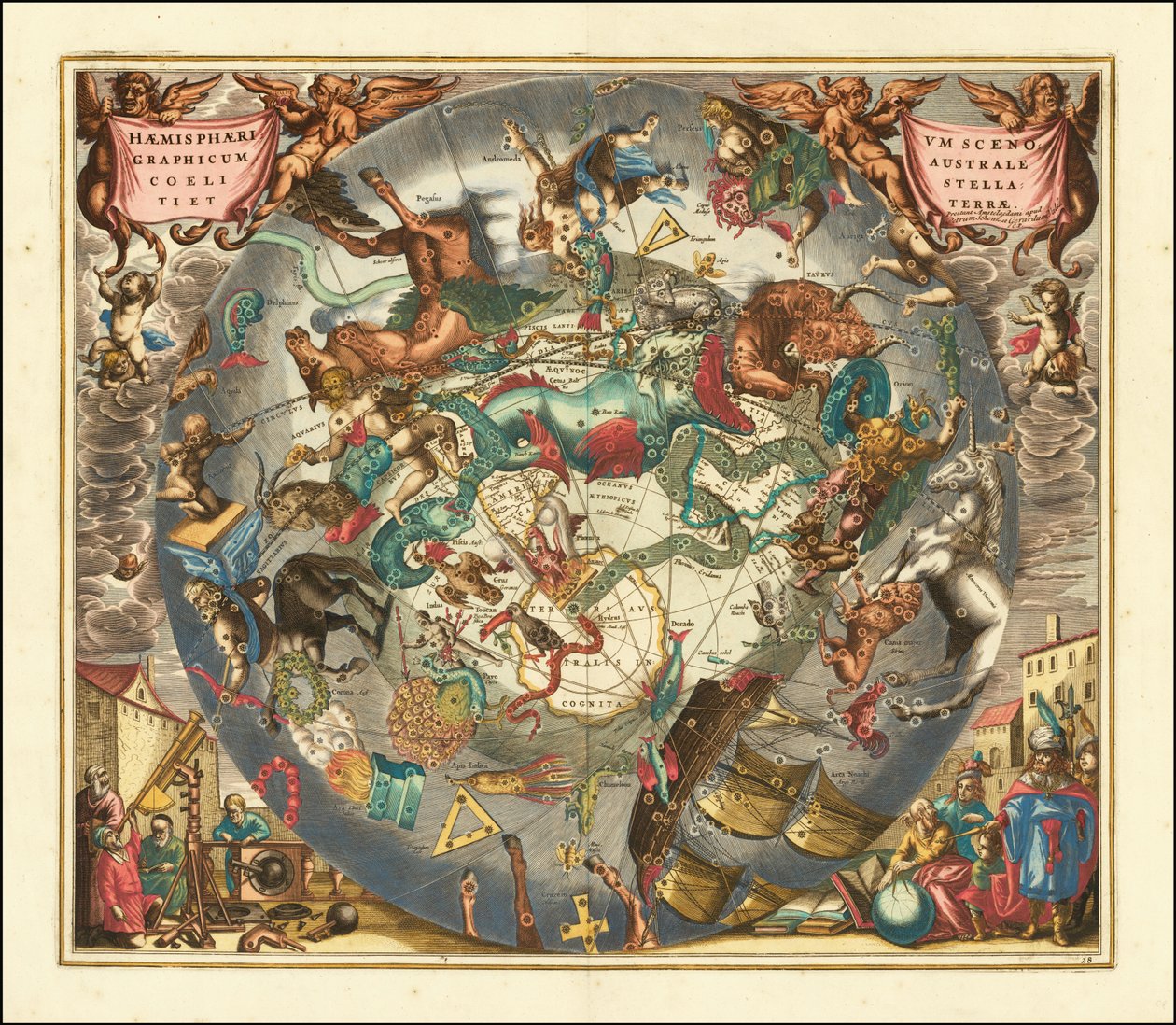Mapa celeste del cielo austral de 1660, que ilustra las constelaciones del hemisferio sur de Andreas Cellarius