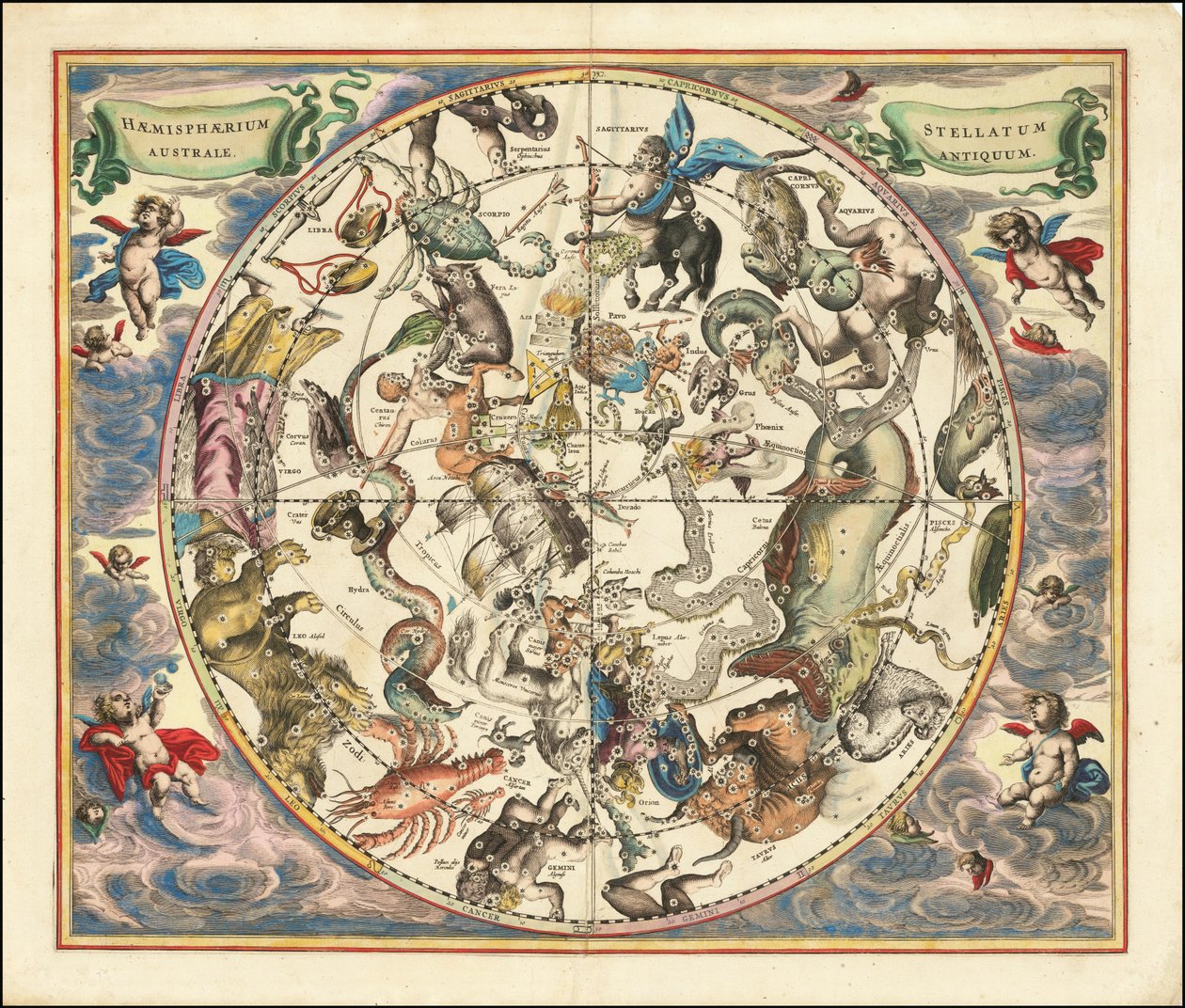 Mapa celeste de 1660 de las constelaciones del hemisferio sur de Andreas Cellarius