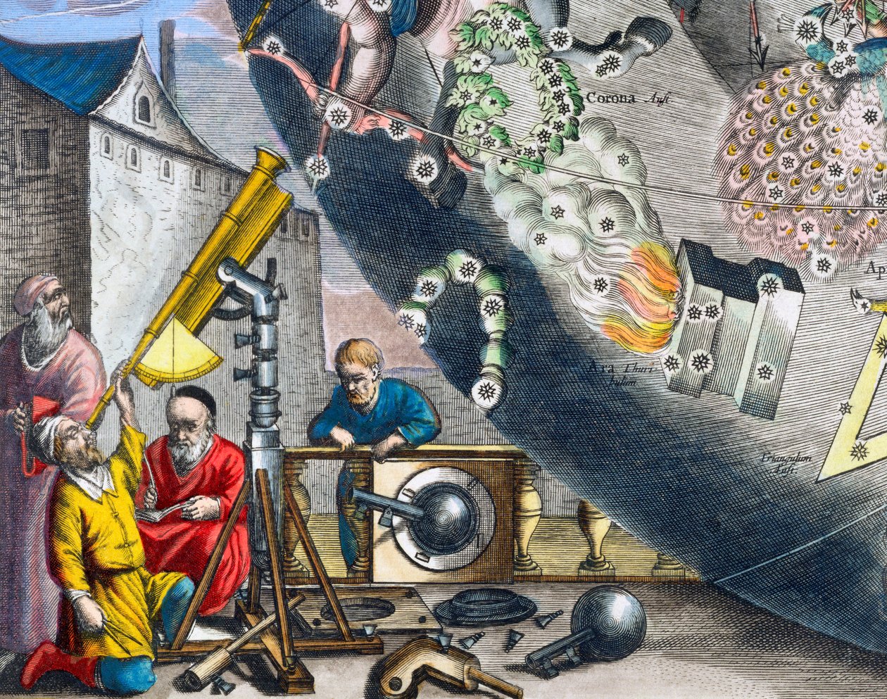Astrónomos mirando a través de un telescopio, 1660-1661 de Andreas Cellarius
