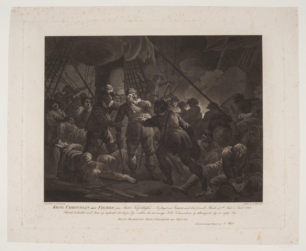 El rey Christian IV en el barco Trefoldigheden en la batalla naval de Femern de Andreas Flint