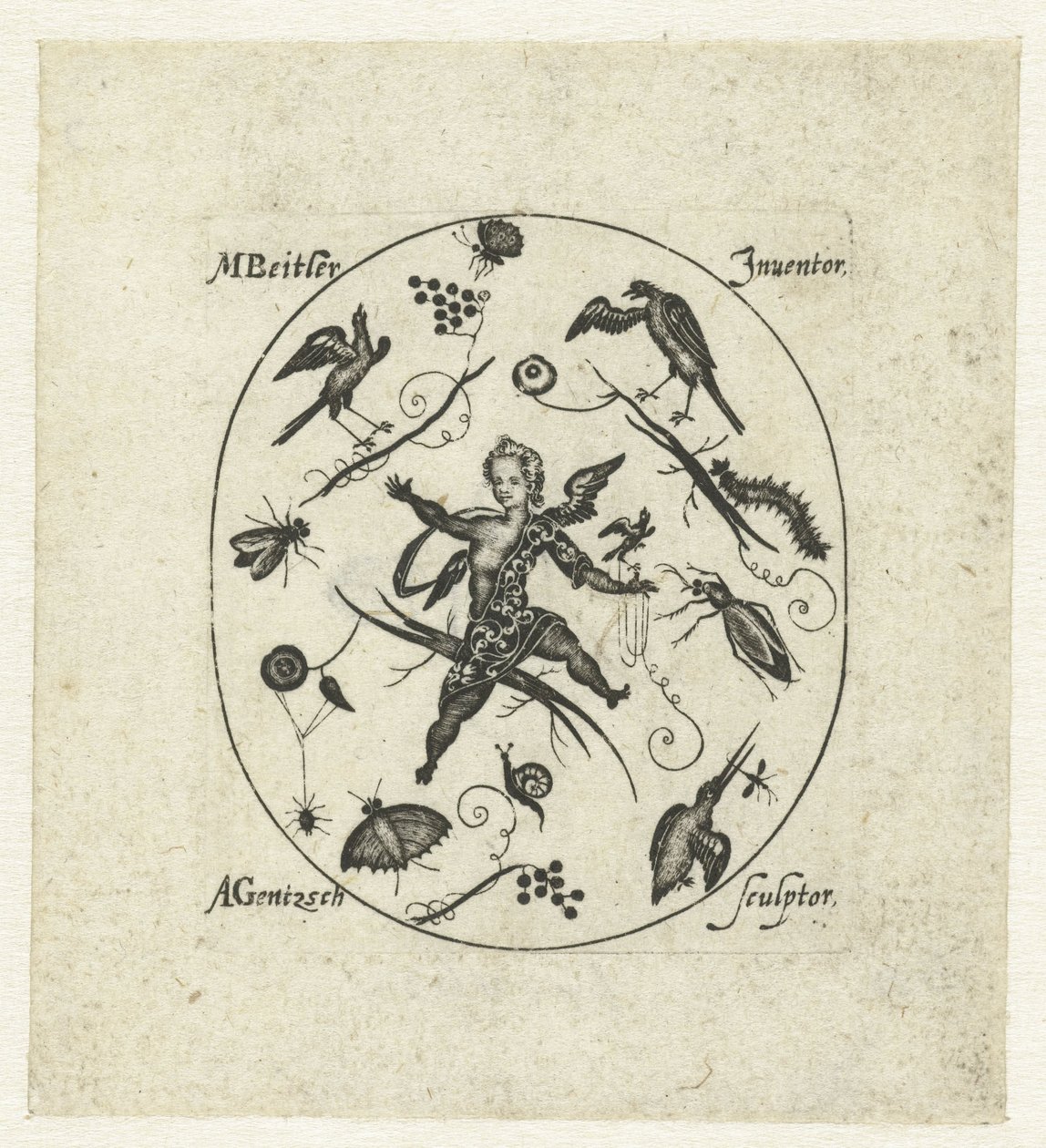 Óvalo con putto rodeado de pájaros, mariposas e insectos. Grotescos modernos en forma de adornos negros (título de la serie) de Andreas Gentzsch