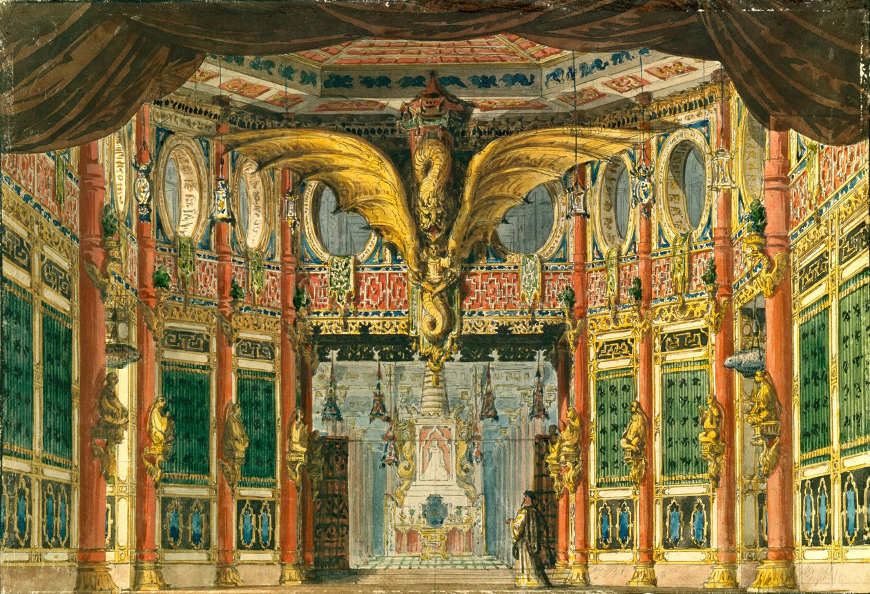 Diseño de escenario para la ópera El Caballo de Bronce de D. Auber, 1837 de Andreas Leonhard Roller