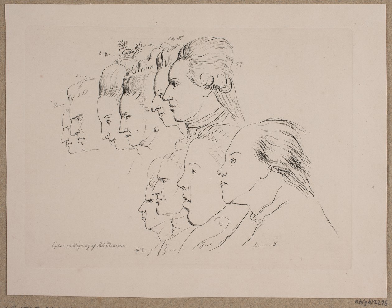 10 retratos: Enevold Brandt, Johann Friedrich Struensee, Caroline Mathilde, Julieane Marie, Arveprins Frederik, Christian VII, Marie Jeanne Clemens, J. F. Clemens, Jens Juel y Nicolai Abildgaard de Andreas Peter Madsen