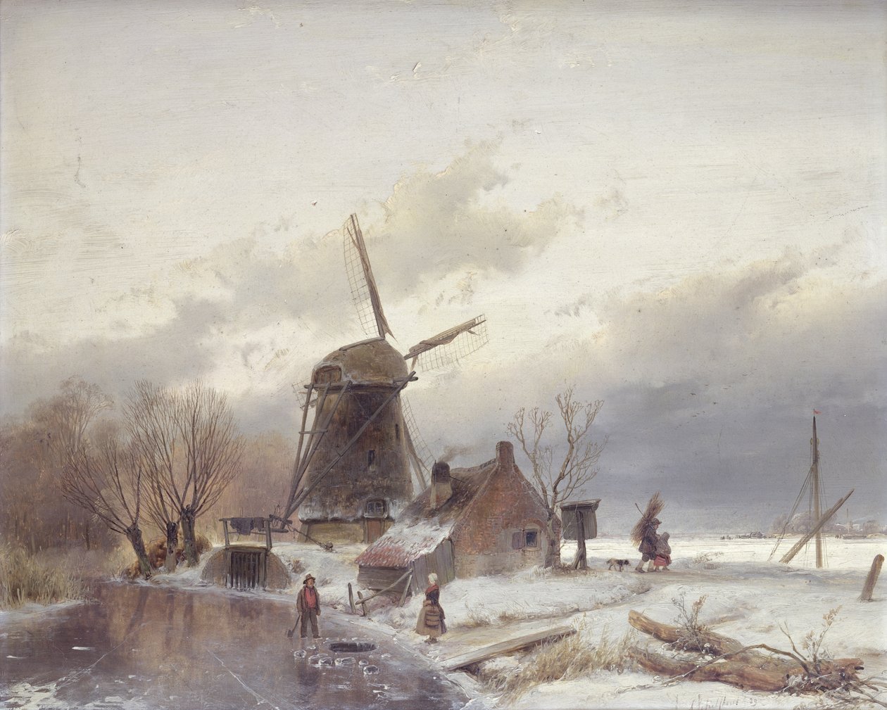 Paisaje de río congelado con un molino de viento de Andreas Schelfhout